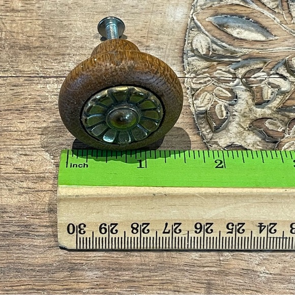 Vintage Wood with brass Round Drawer Door Pull Cabinet Knob 1 1/2” set of 6 - Picture 3 of 7